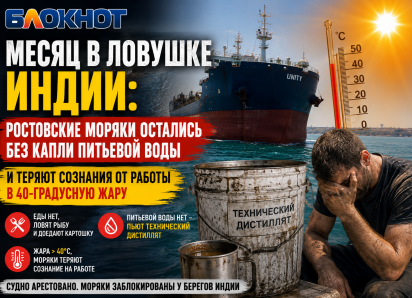 «Питьевой воды нет»: ростовские моряки теряют сознание в жару 40 градусов на заблокированном судне в Индии