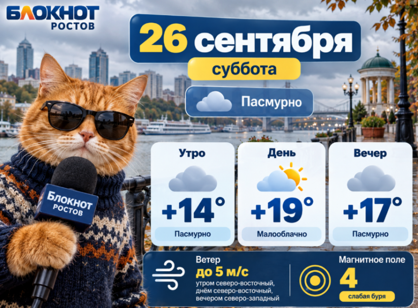 В Ростове 26 сентября пасмурно и до +19