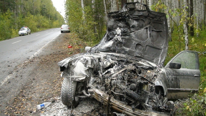 На трассе под Ростовом автомобиль врезался в дерево и загорелся 