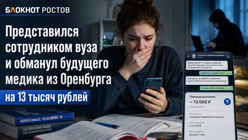 Дончанин представился сотрудником вуза и обманул будущего медика из Оренбурга на 13 тысяч рублей
