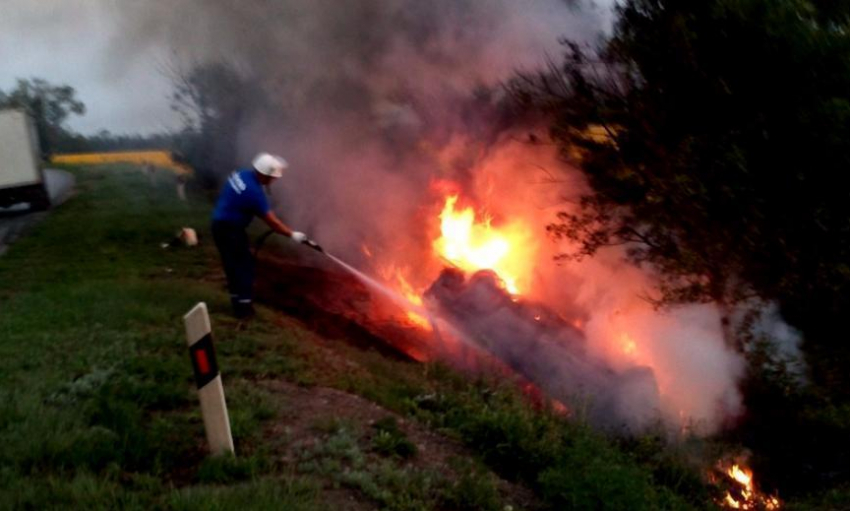 Автомобиль вылетел в кювет и загорелся в Ростовской области