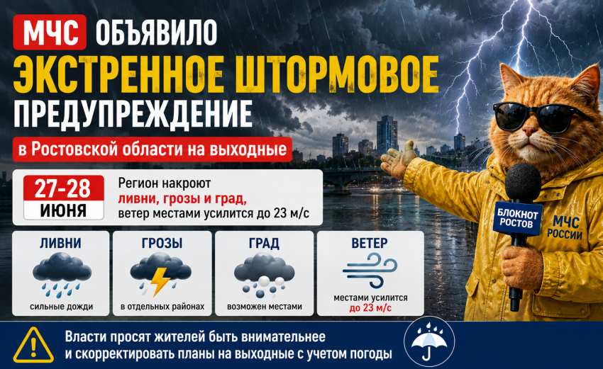 МЧС объявило экстренное штормовое предупреждение в Ростовской области на выходные
