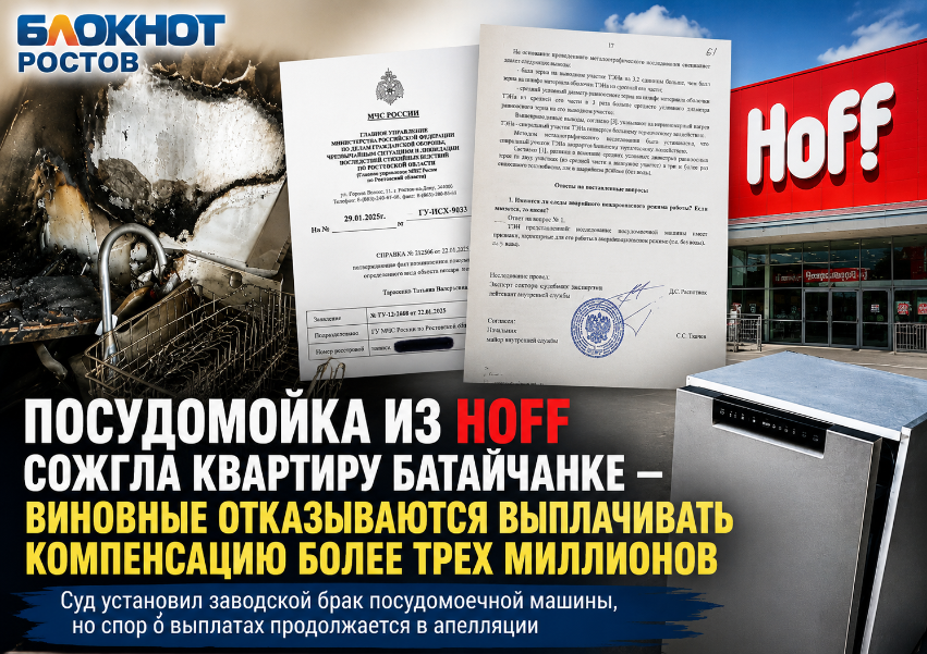 Посудомойка из HOFF сожгла квартиру батайчанке – виновные отказываются выплачивать компенсацию более трех миллионов 