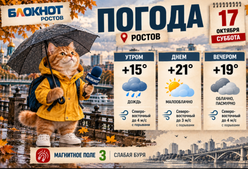 В Ростове в субботу 17 октября ожидается дождь и  до +21