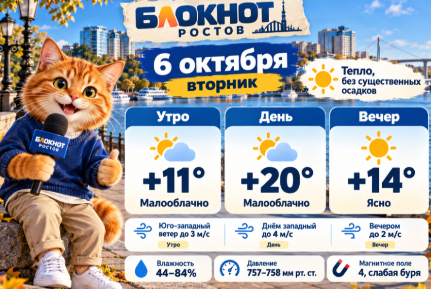 До +20 градусов и слабая буря ожидают Ростов 6 октября