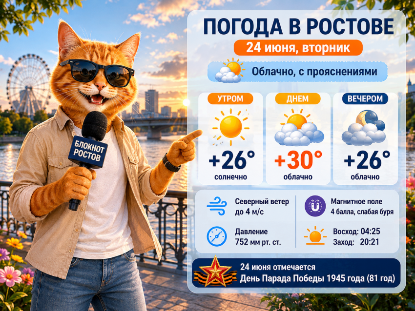 Жара до +30 градусов и слабая магнитная буря ожидаются в Ростове 24 июня