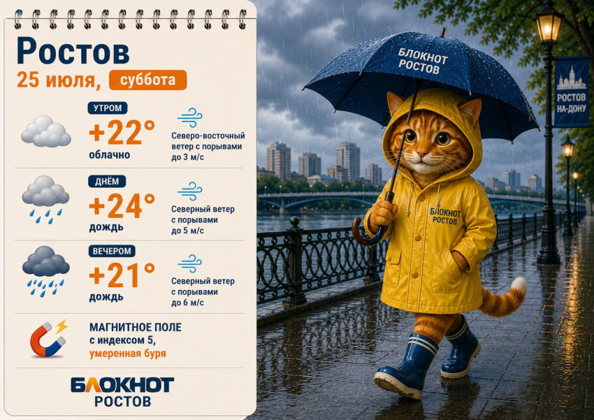 Дожди и магнитная буря ожидаются в Ростове 25 июля