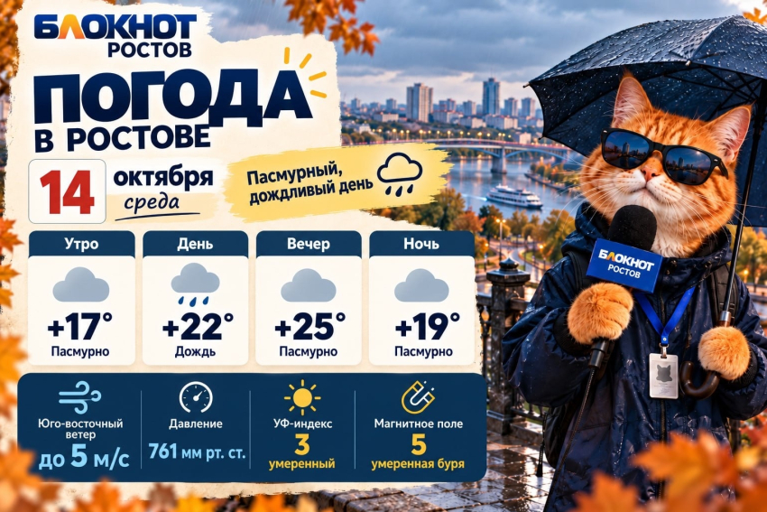 Дождливая и теплая среда ждет ростовчан 14 октября