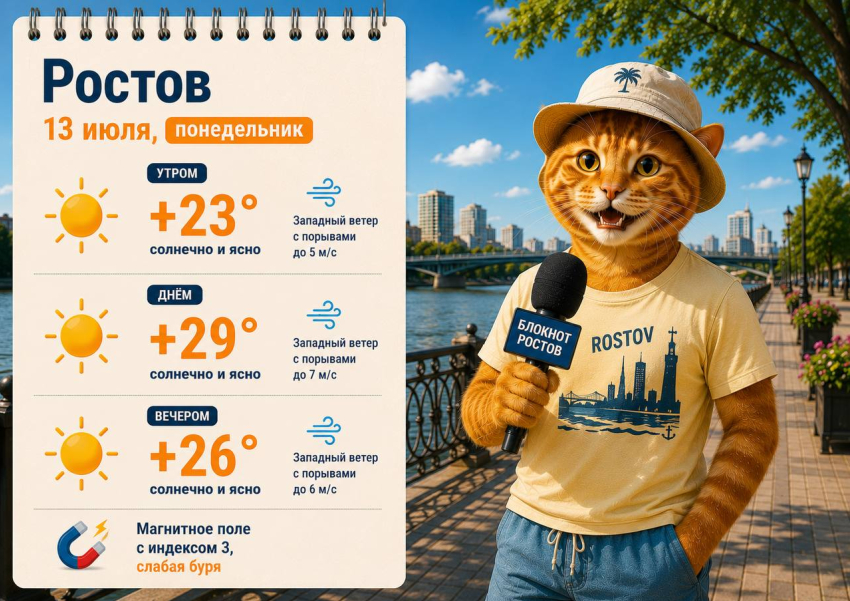 В Ростове 13 июля будет солнечно и жарко до +29 градусов