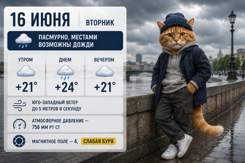 В Ростове 16 июня ожидается пасмурная погода и слабая магнитная буря