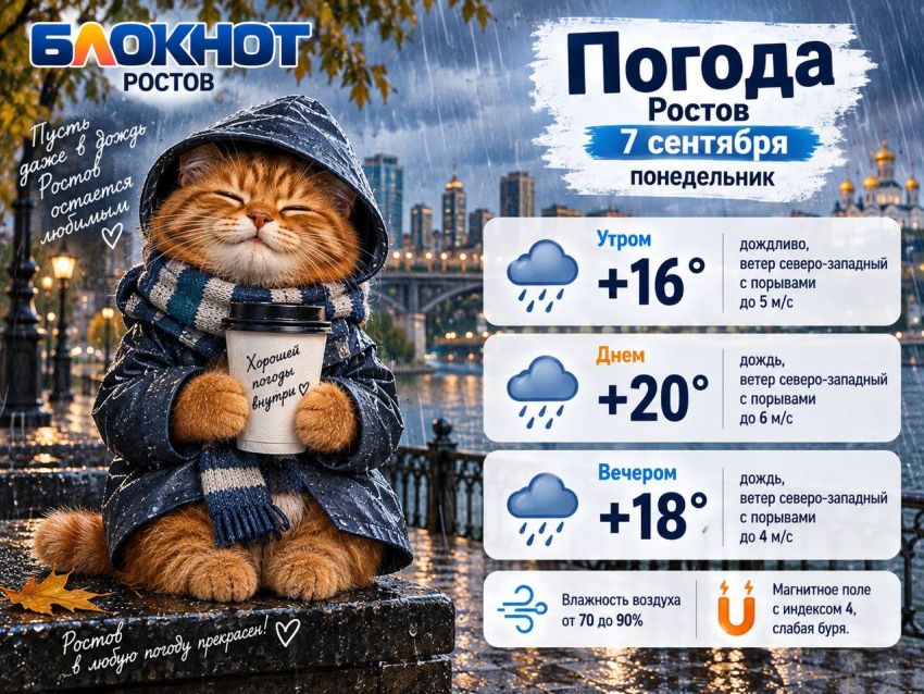 7 сентября в Ростове снова дождливо и до + 20 градусов