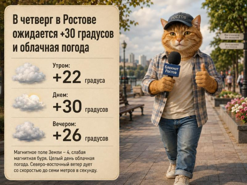 В четверг в Ростове ожидается +30 градусов и облачная погода 