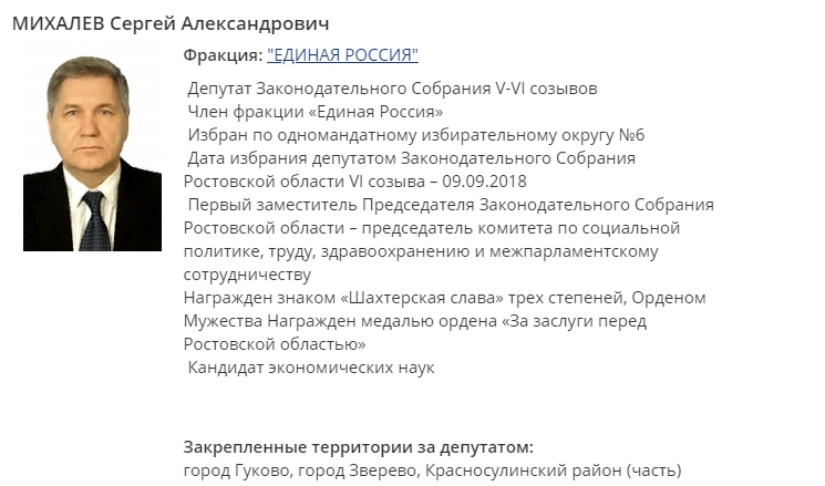 Профайл депутата Михалева на сайте ЗС Ростовской области
