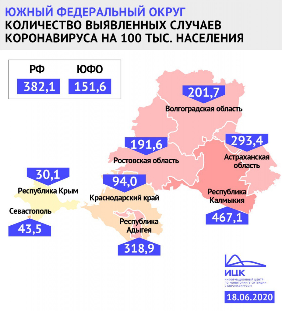 В Ростовской области у 191 человека из 100 тысяч выявляют коронавирус. Инфографика ИЦК