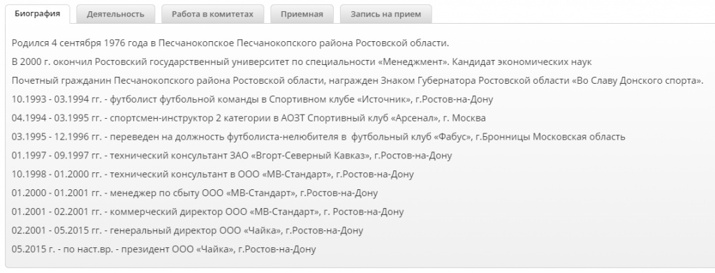 Биография депутата на сайте ЗС Ростовской области