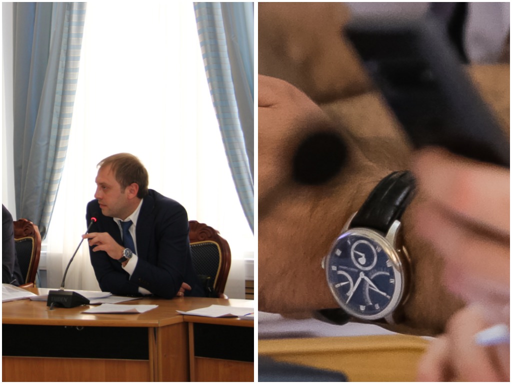 Часы на руке депутата. Фото: пресс-служба администрации города; Александр Прохорцев